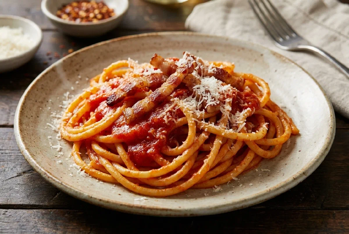 Amatriciana with guanciale, rich and well balanced