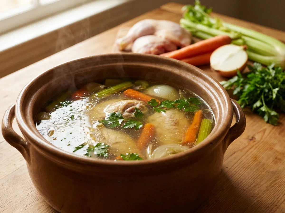 Caldo de pollo casero, claro y sabroso