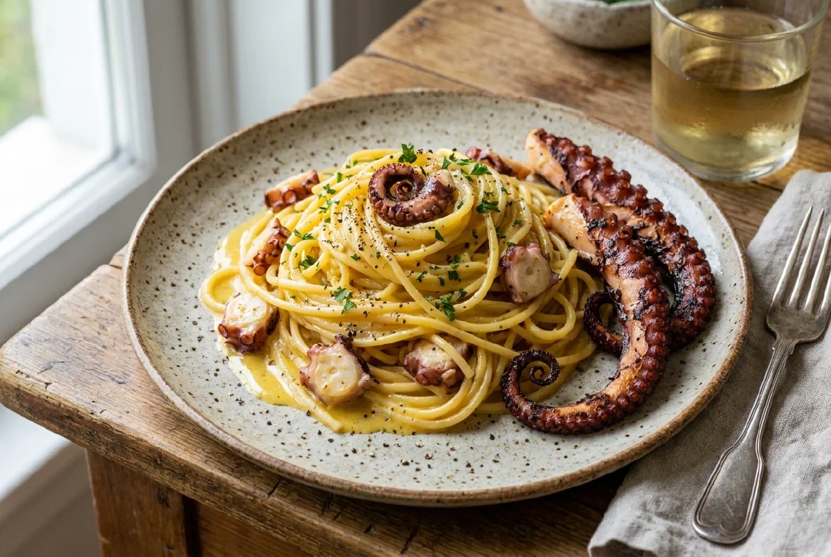 Seafood carbonara with octopus