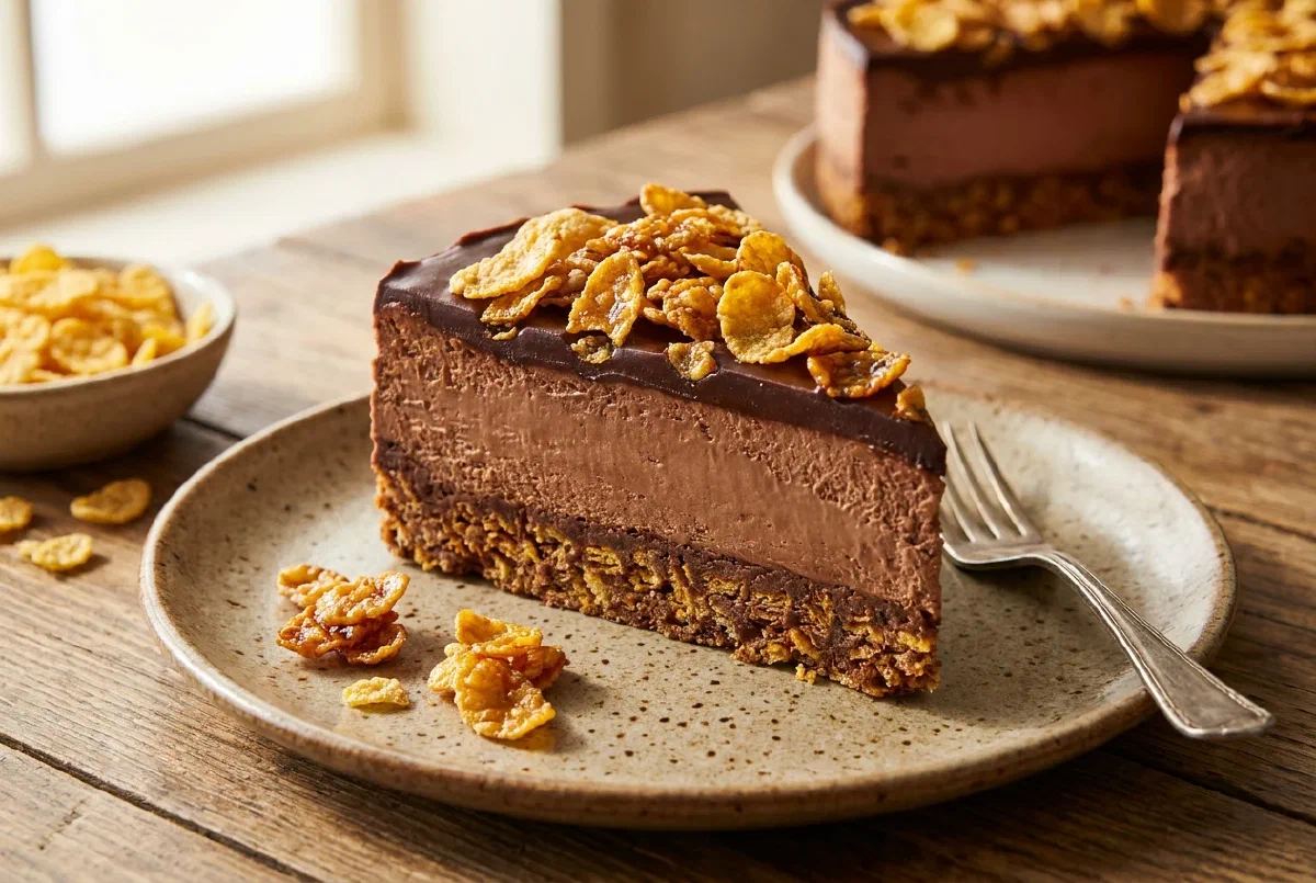 Chocolate and corn flakes cheesecake, creamy and crunchy