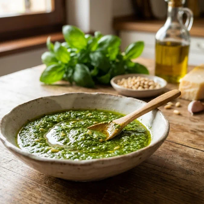 Pesto alla genovese fatto in casa con basilico e pinoli