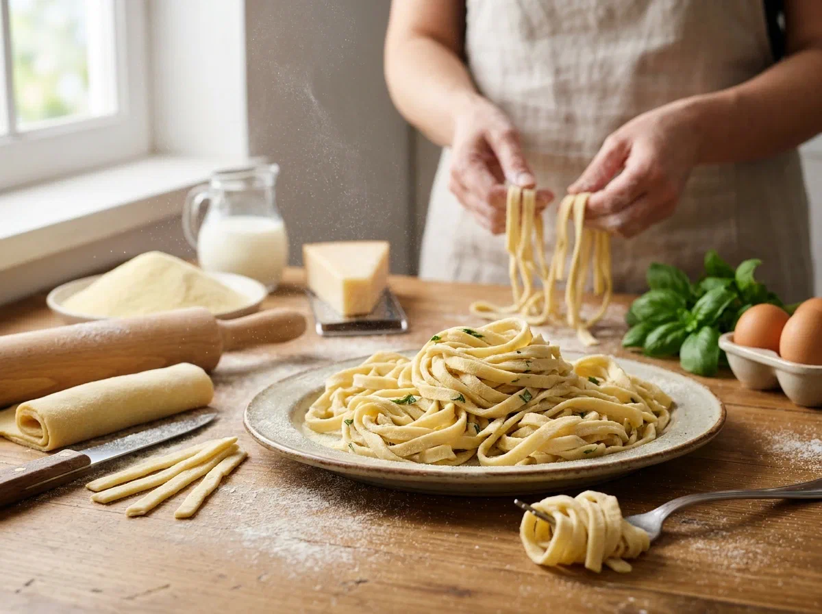 Homemade scialatielli, Neapolitan pasta with milk and basil