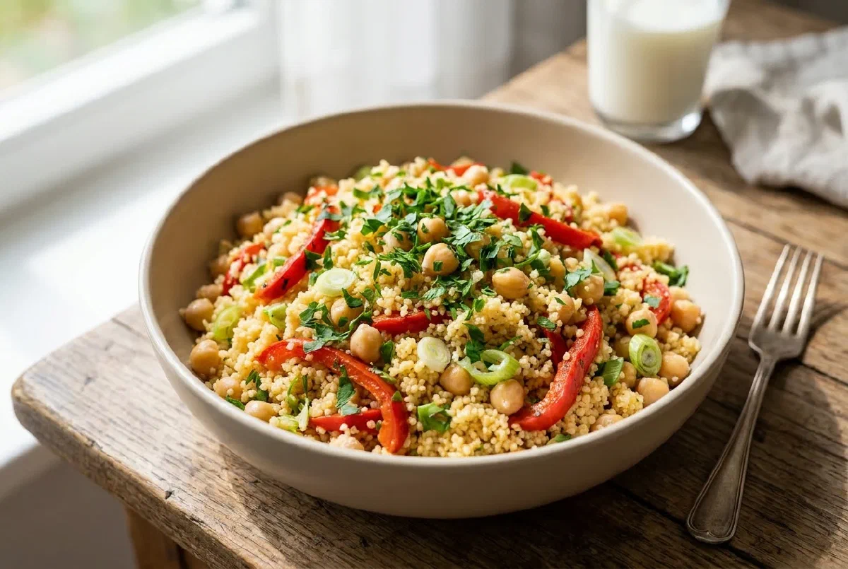 Couscous with Chickpeas and Roasted Peppers, a Vibrant Vegan Bowl