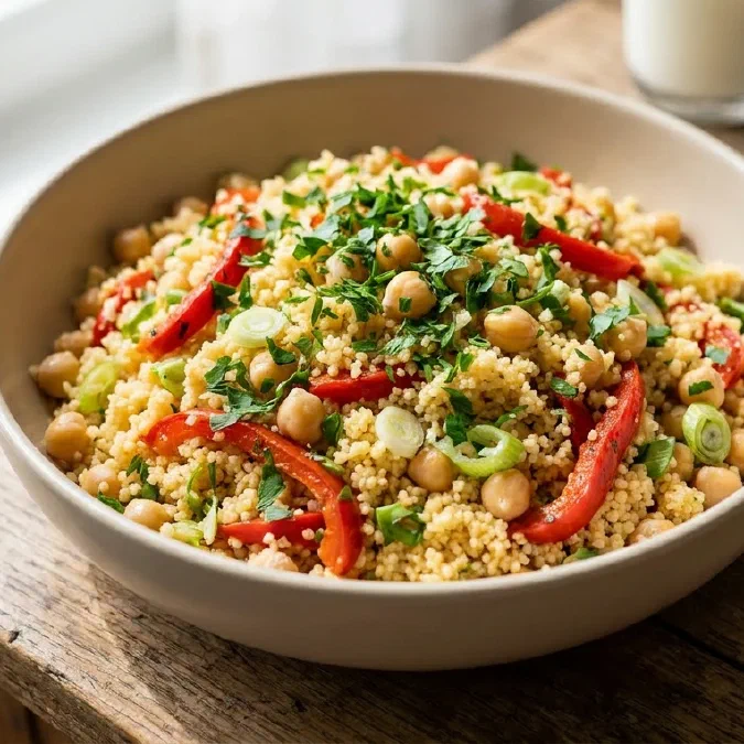 Cous cous con ceci, peperoni arrostiti e prezzemolo