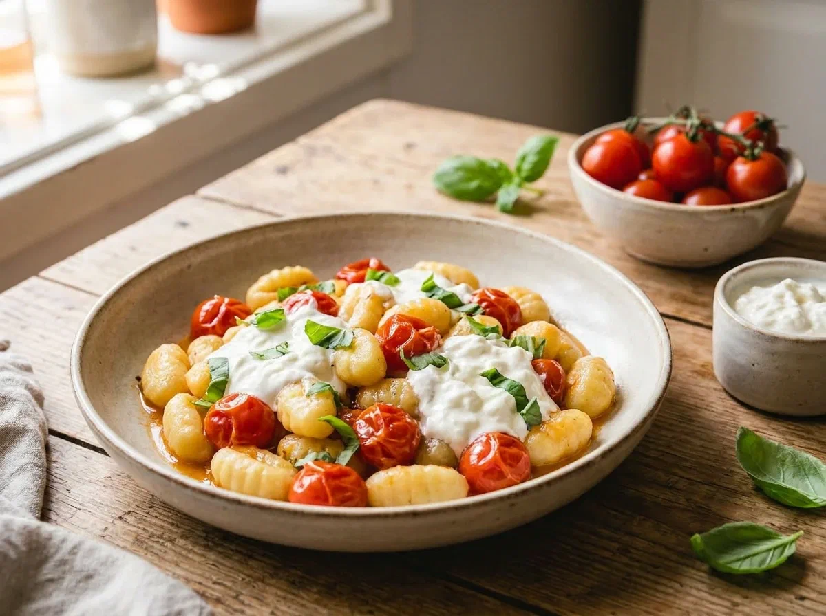 Gnocchi with Cherry Tomatoes and Stracciatella, Creamy Without Cream