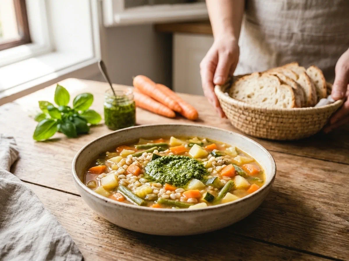 Minestrone with Pearl Barley and Pesto, Hearty and Fragrant