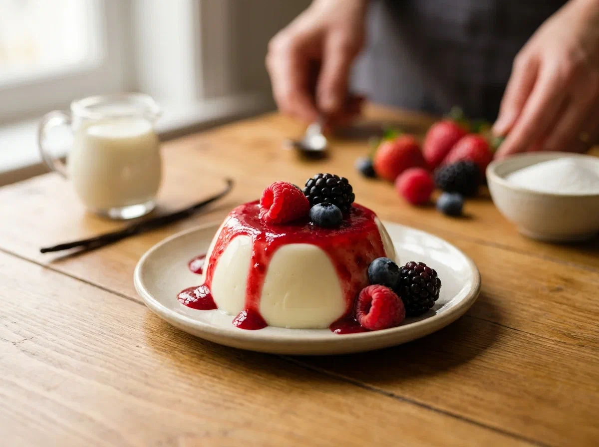 Panna cotta clásica a la vainilla con coulis de frutos rojos