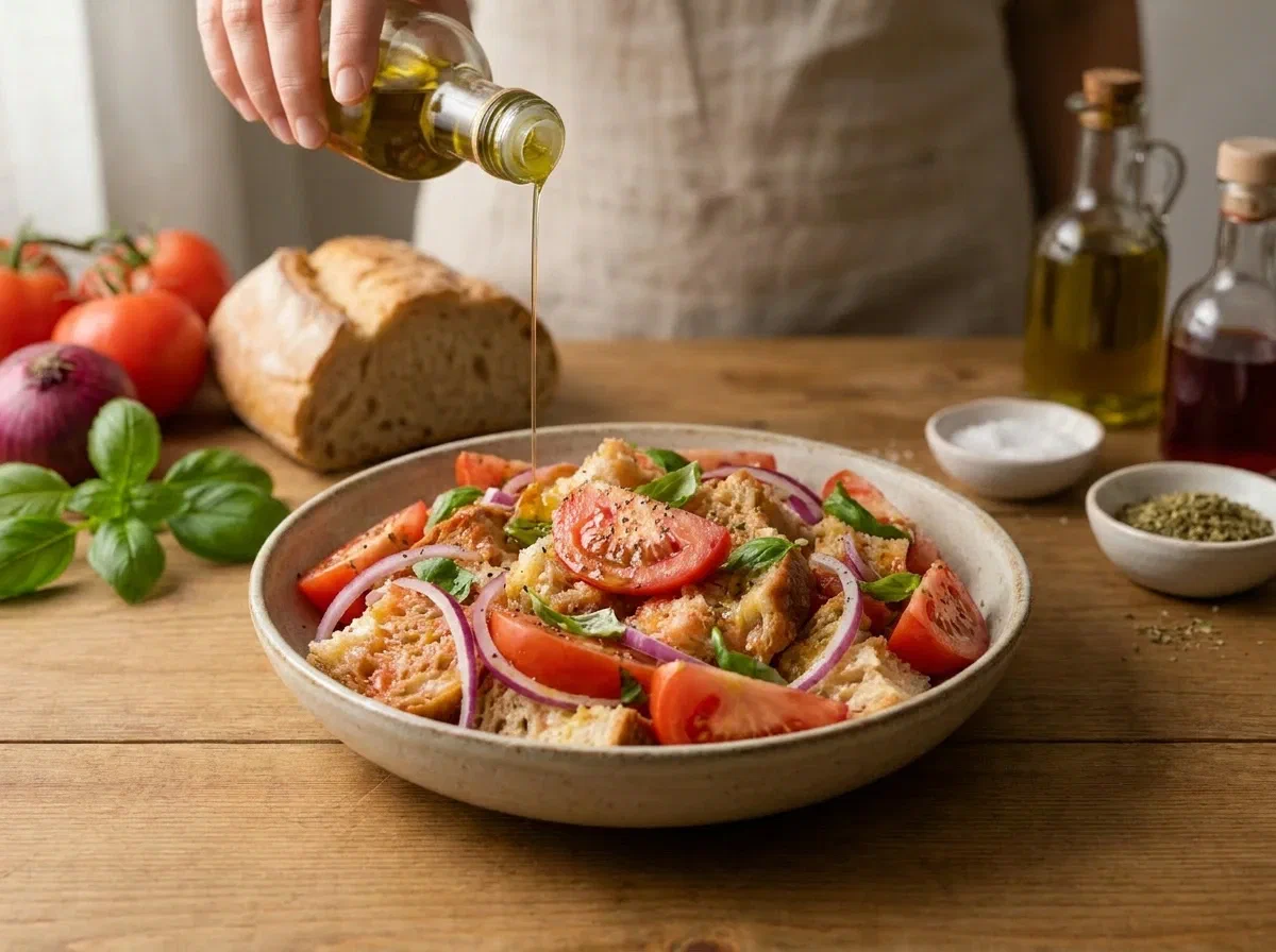 Panzanella toscana con pane, pomodori e basilico