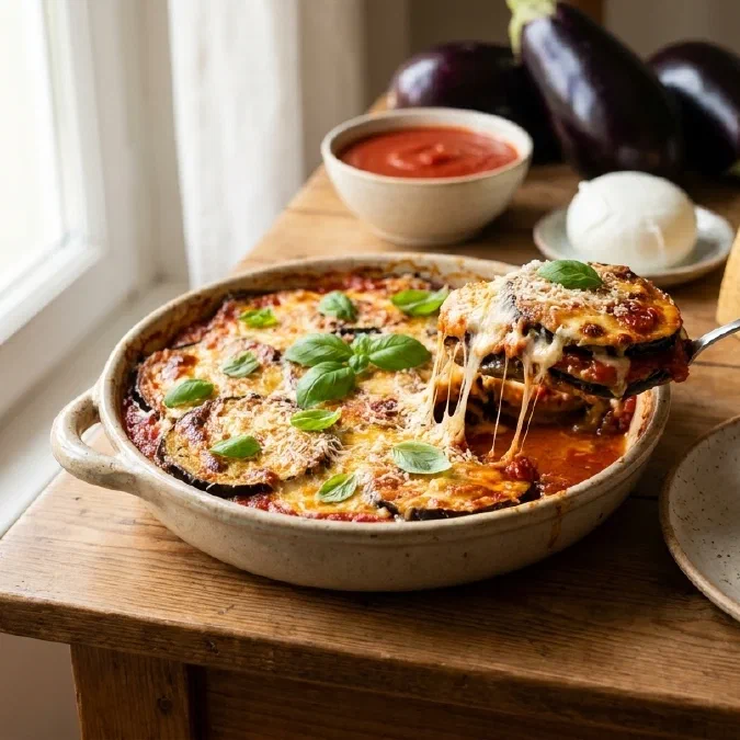 Parmigiana d'aubergines au four, fondante et savoureuse