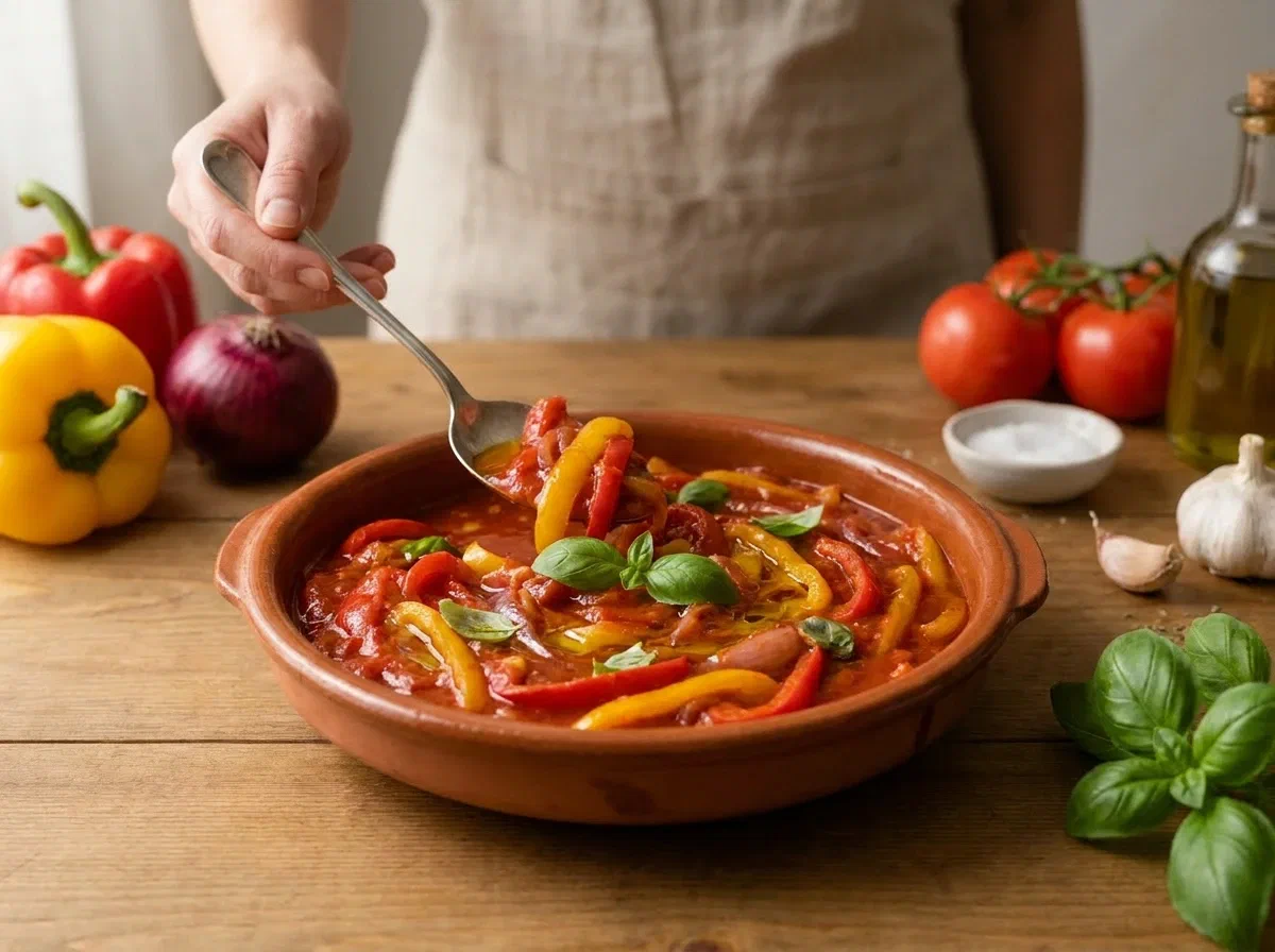 Peperonata classica, peperoni in umido con pomodoro
