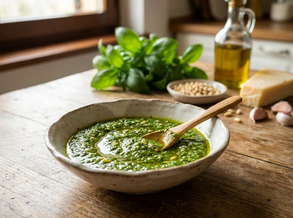 Pesto genovés casero con albahaca y piñones