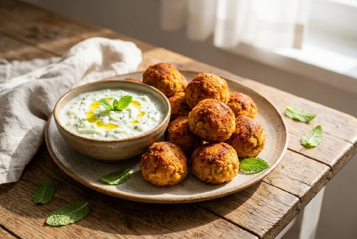 Albóndigas de garbanzos al horno con tzatziki — crujientes, proteicas y listas en 30 minutos