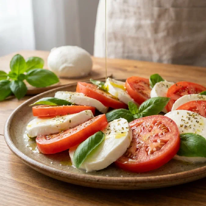 Caprese di pomodoro, mozzarella e basilico