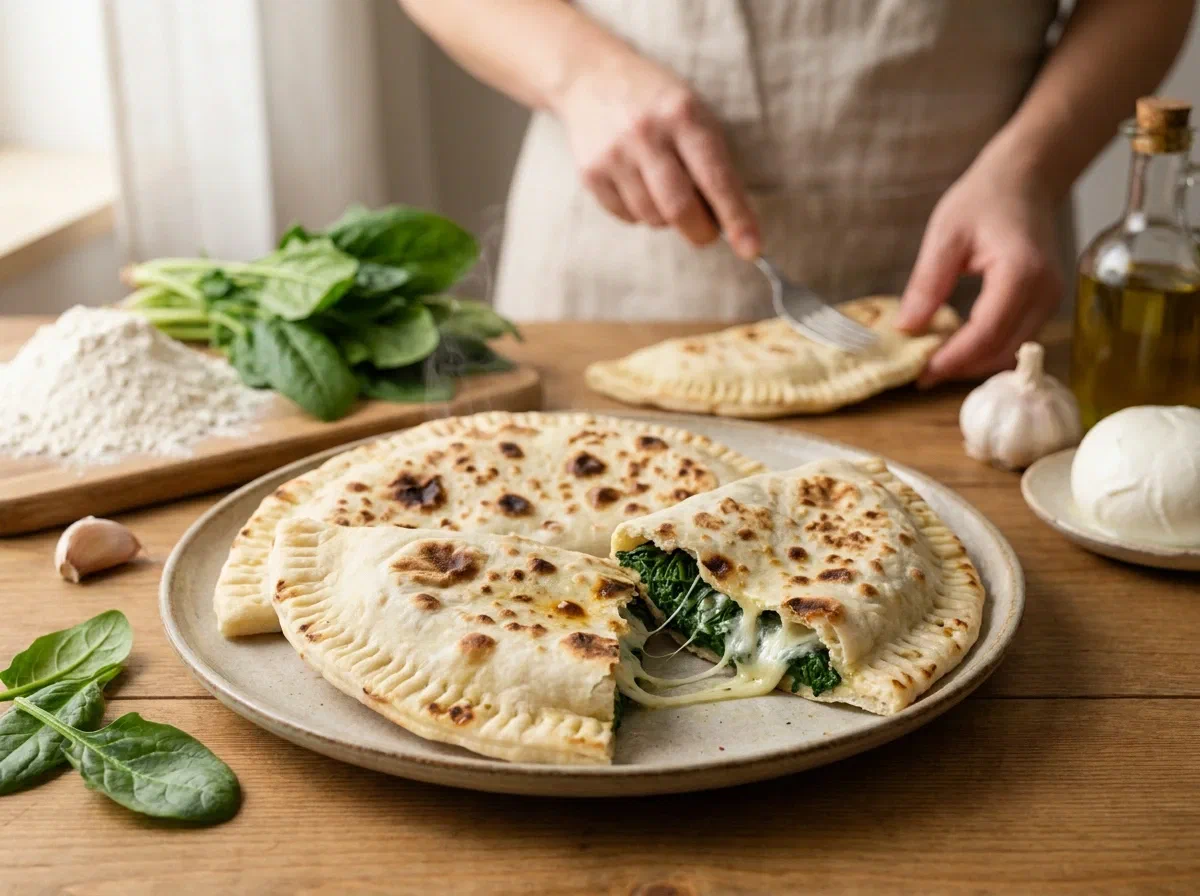 Romagna cassoni, pan-cooked flatbreads with greens and cheese