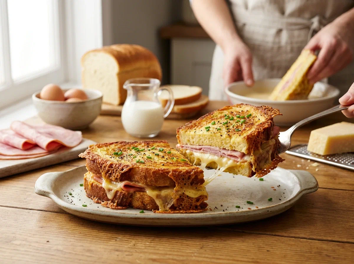 French toast salato con prosciutto e formaggio filante
