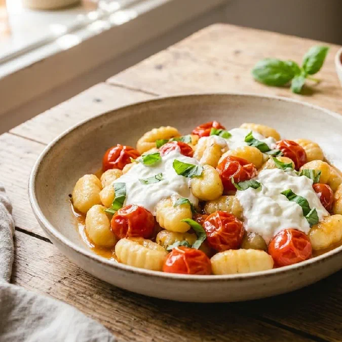 Gnocchi con pomodorini saltati e stracciatella