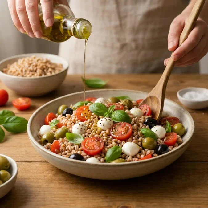 Insalata di farro estiva con pomodorini e mozzarella