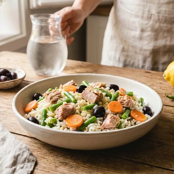 Insalata di riso con tonno, fagiolini e olive