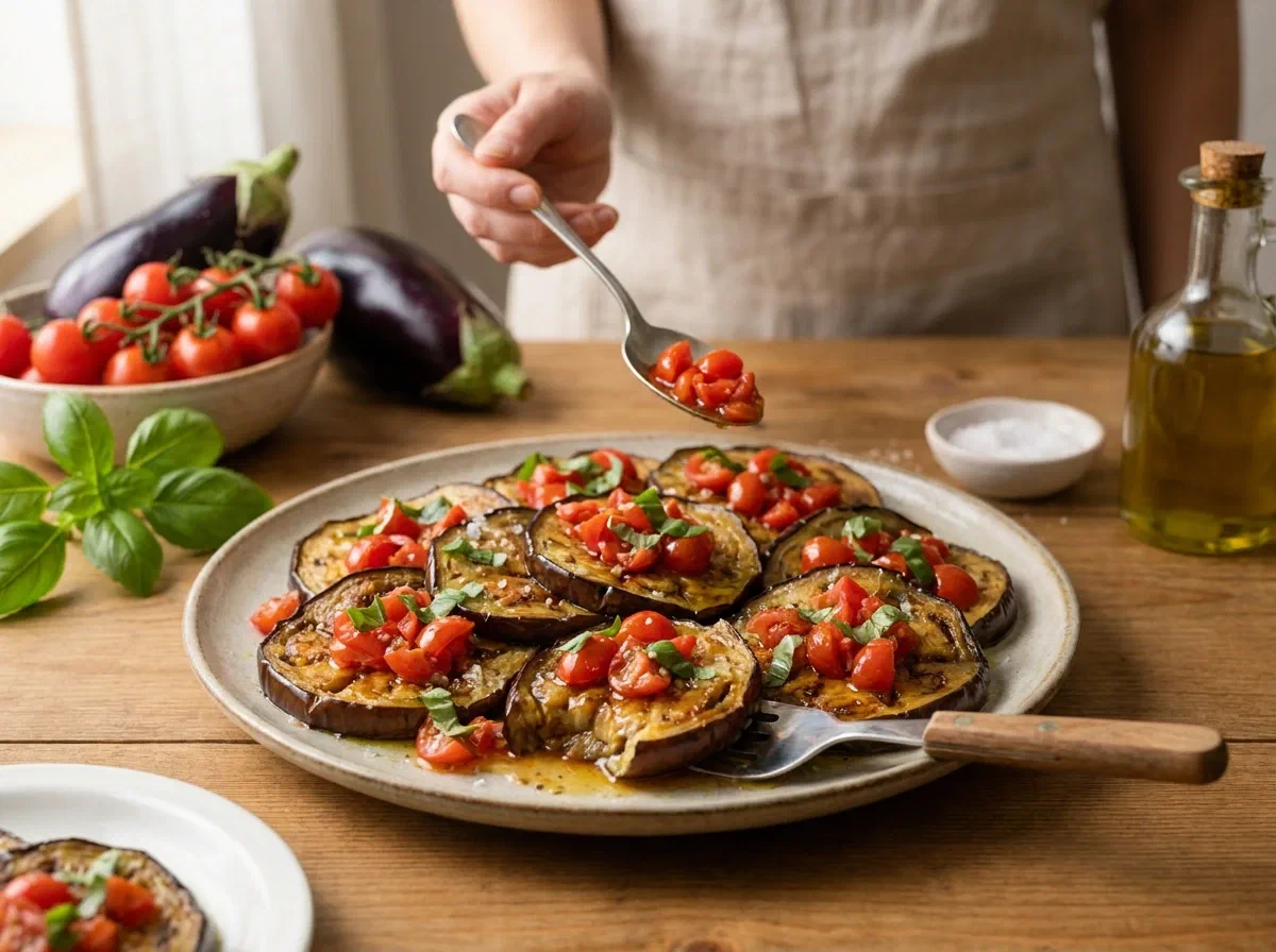 Melanzane al forno con pomodorini, da servire fredde