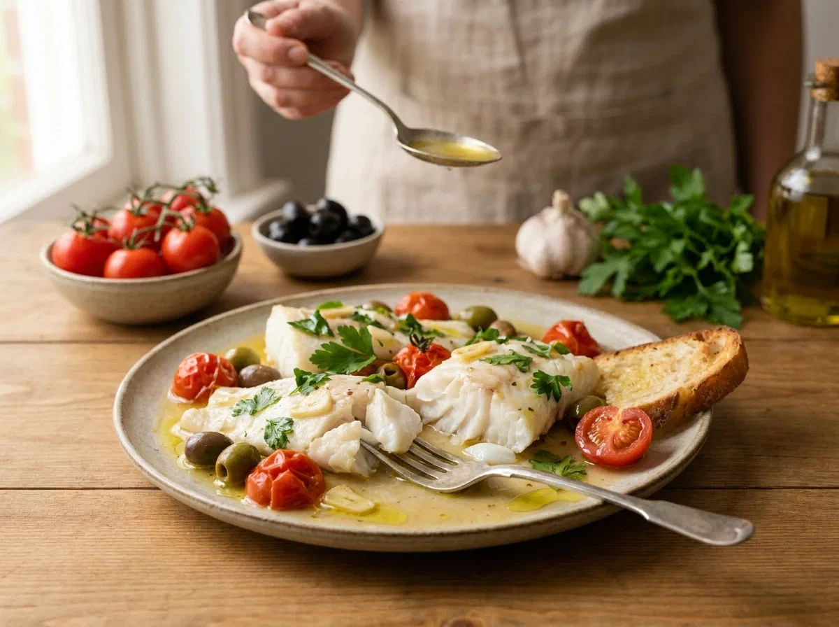 Merluzzo all'acqua pazza con pomodorini e olive