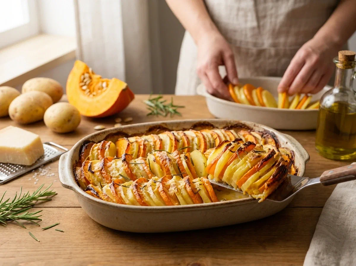 Millefoglie di patate e zucca al forno, dorata e croccante