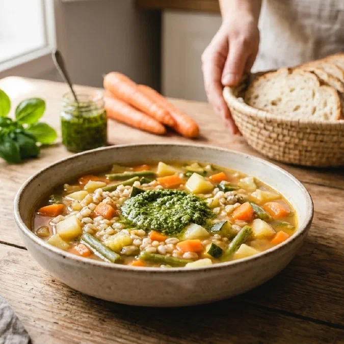 Minestrone di verdure con orzo e cucchiaio di pesto