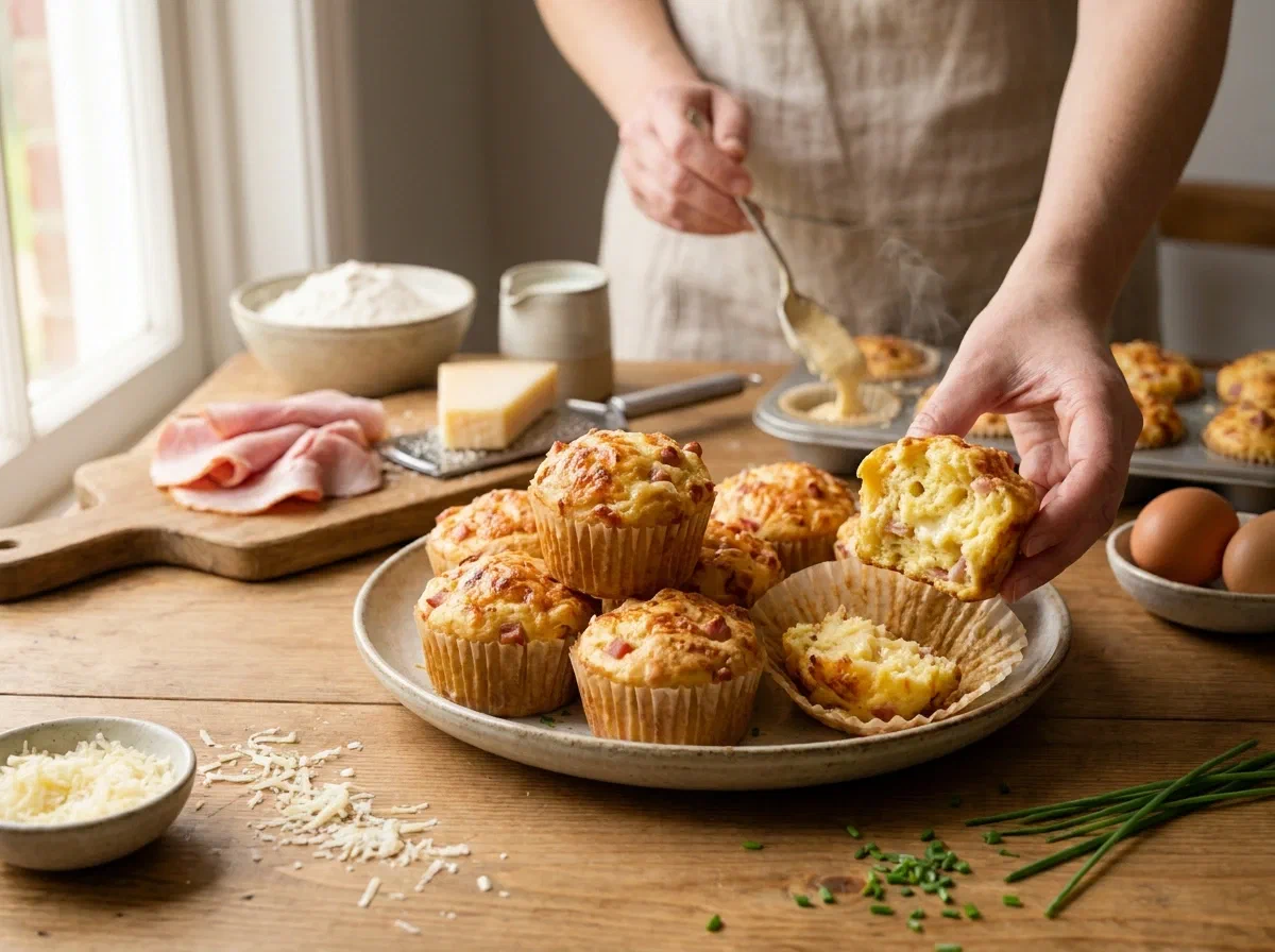 Muffin salati soffici con prosciutto e formaggio