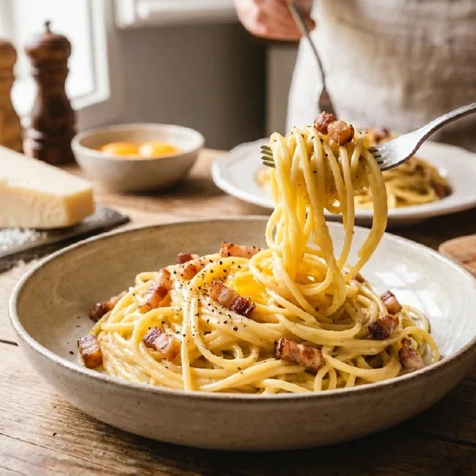 Spaghetti carbonara, crémeux et bien enrobés
