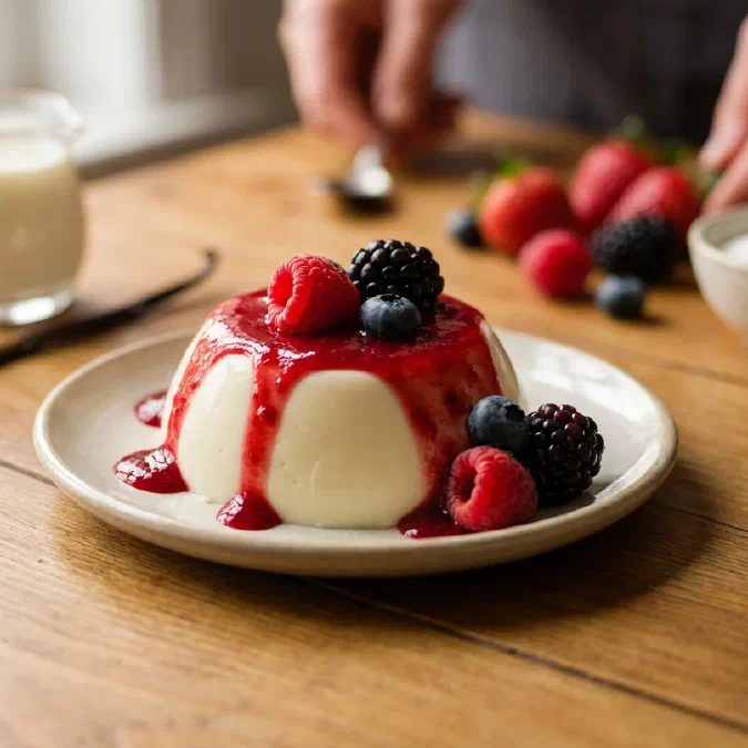 Panna cotta classique à la vanille et coulis de fruits rouges