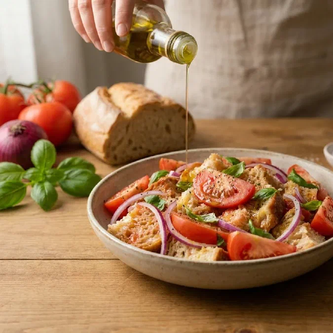 Panzanella toscana con pane, pomodori e basilico