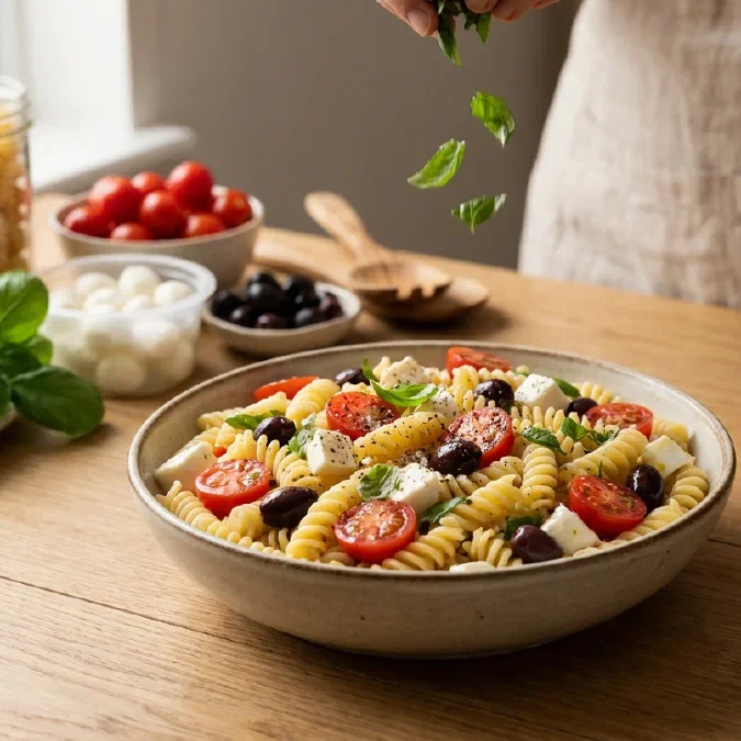 Pasta fredda con pomodorini, mozzarella e olive