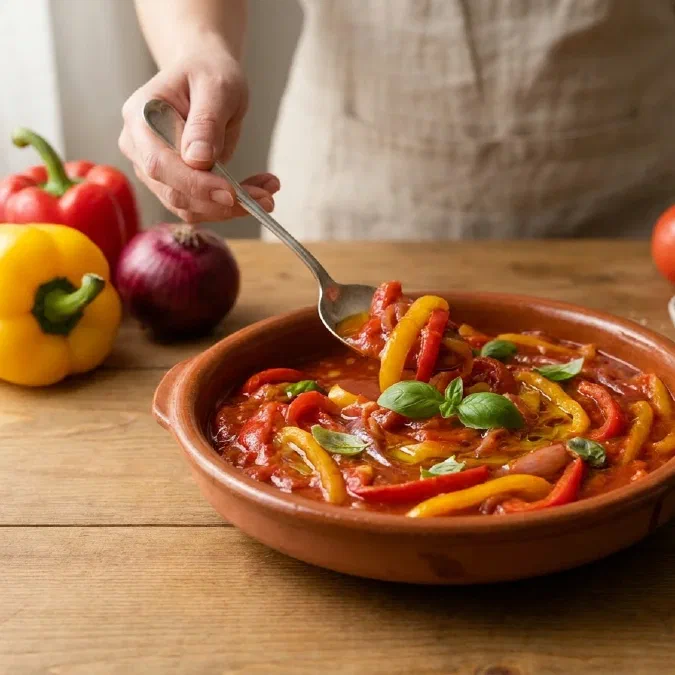 Peperonata classica, peperoni in umido con pomodoro