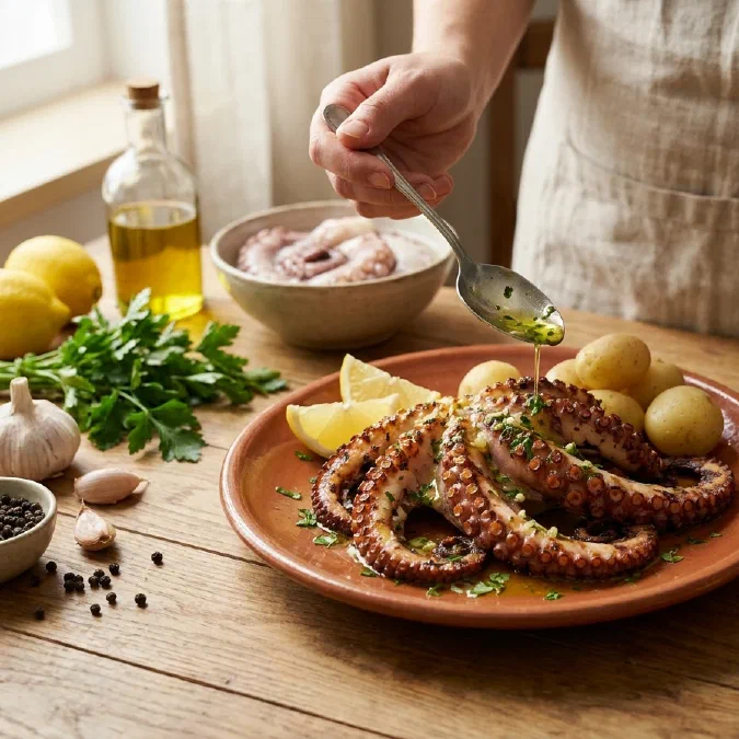 Polpo alla griglia tenero, con la doppia cottura