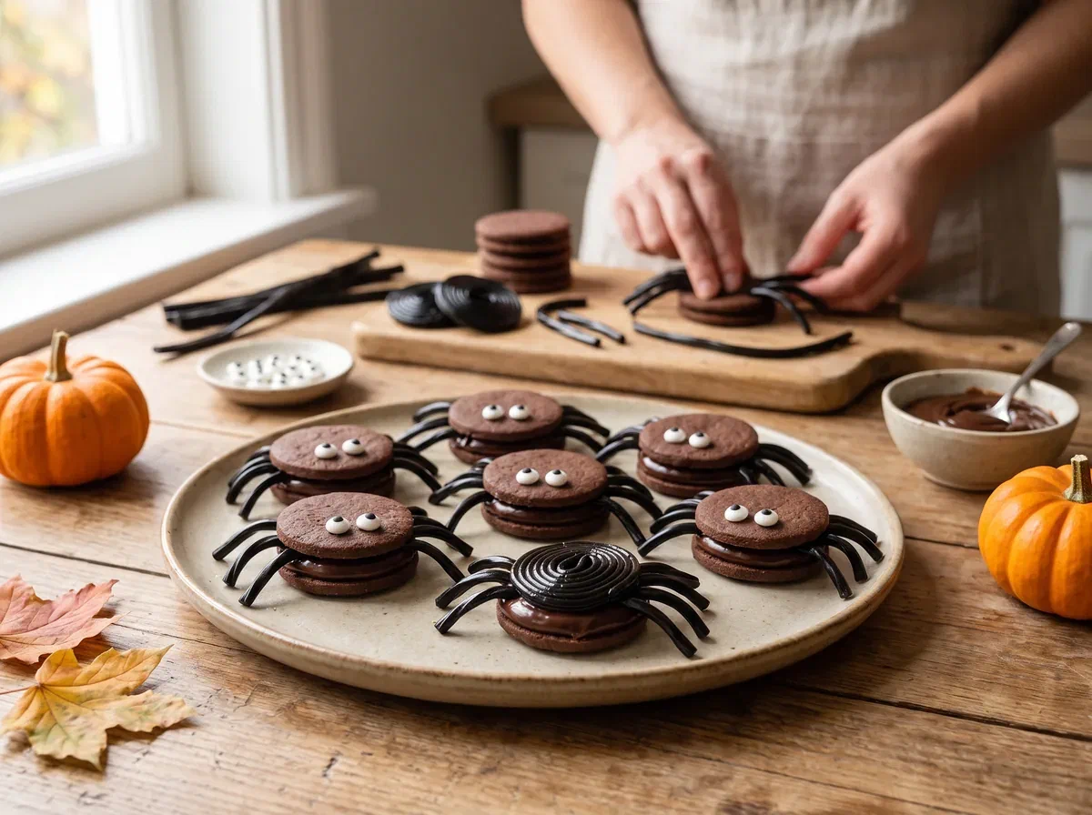 Ragnetti di Halloween con biscotti al cacao e liquirizia