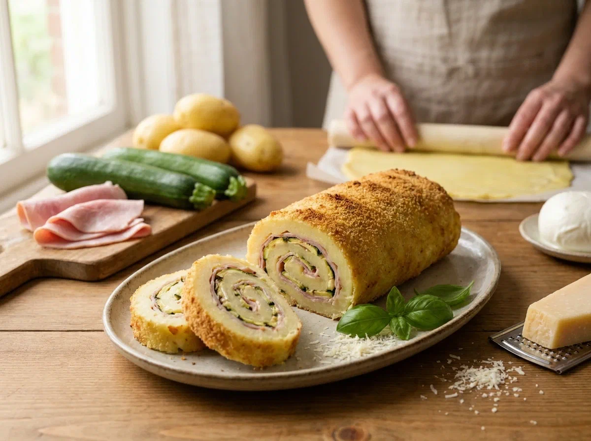 Stuffed potato roll with courgettes and ham