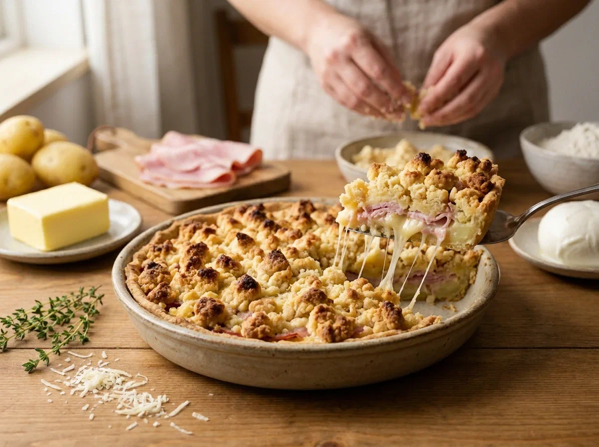 Sbriciolata di patate con prosciutto e formaggio filante