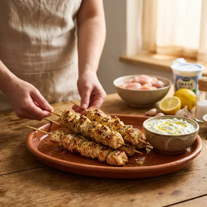 Souvlaki de poulet, les brochettes grecques marinées au yaourt