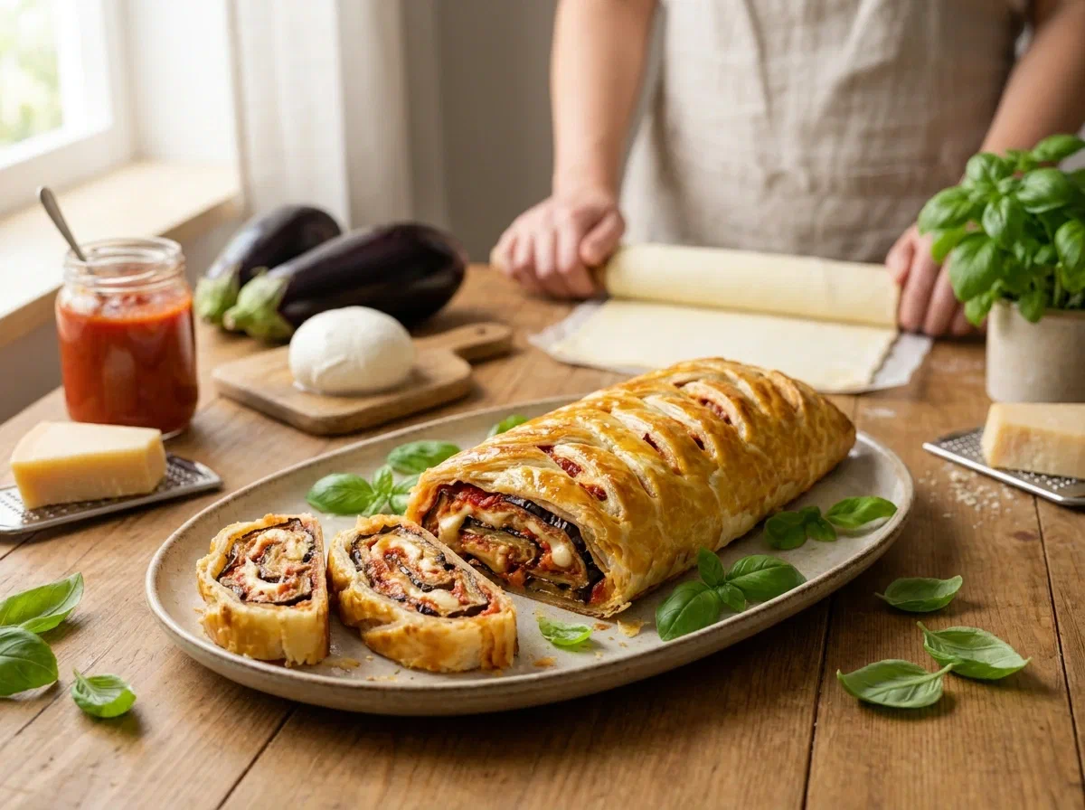 Strudel salato alla parmigiana, la parmigiana arrotolata