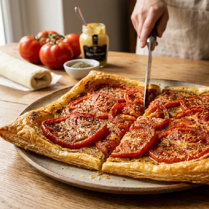 Tarte fine aux tomates, pâte feuilletée et moutarde