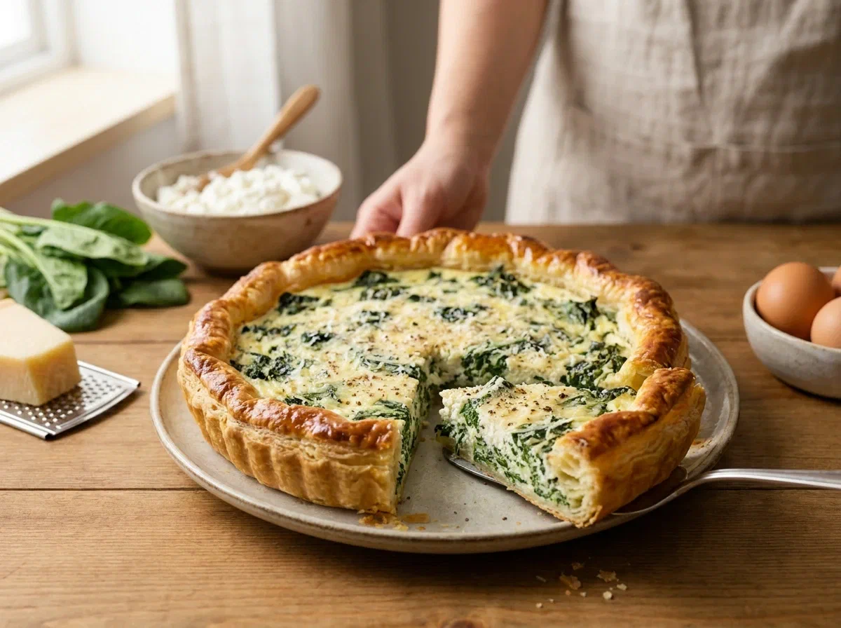 Tourte rustique à la ricotta et aux épinards, fondante et dorée