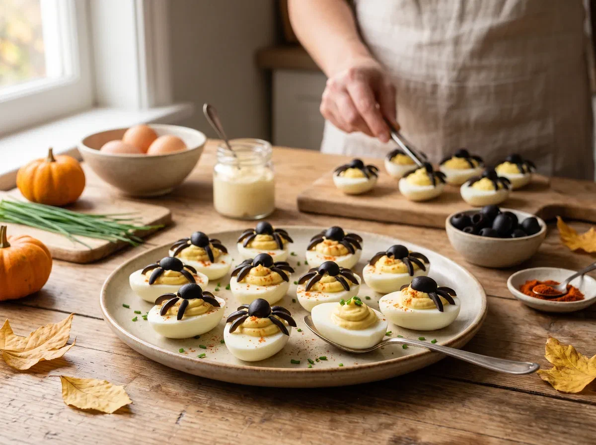 Huevos rellenos con arañas de aceituna, el entrante de Halloween