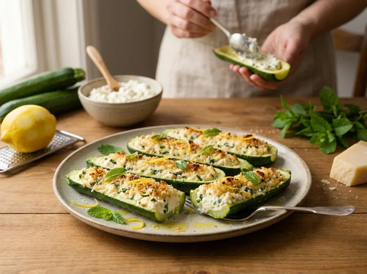 Zucchine ripiene di ricotta con menta e limone
