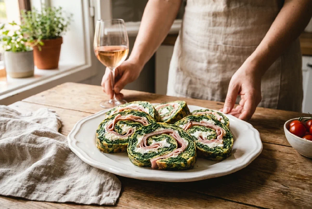 Rollo de tortilla con espinacas, mortadela y ricotta