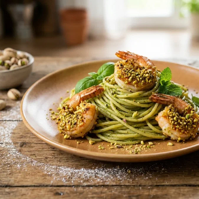 Spaghetti au pesto de pistache et crevettes panées, façon sicilienne