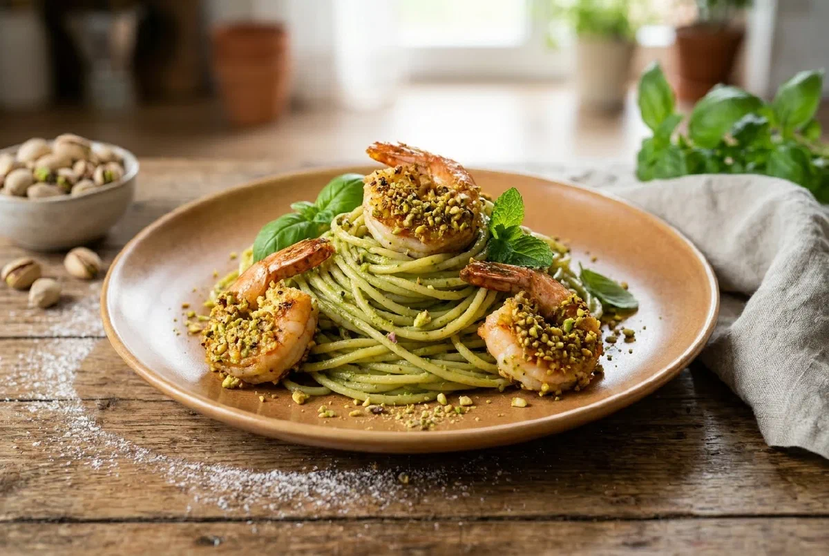 Spaghetti au pesto de pistache et crevettes panées, façon sicilienne