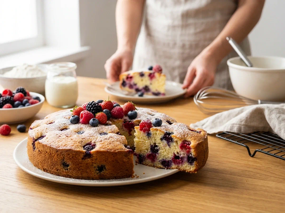 Gâteau moelleux au yaourt et fruits rouges, prêt en moins d'une heure