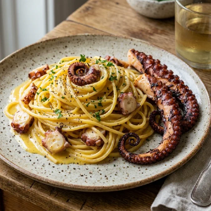 Carbonara di mare con polpo, cremosa e originale