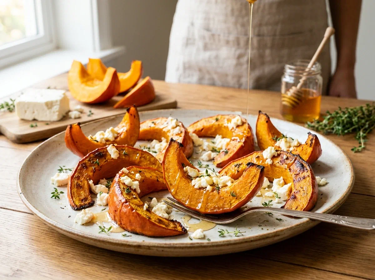 Calabaza al horno con feta, miel y tomillo — guarnición de otoño